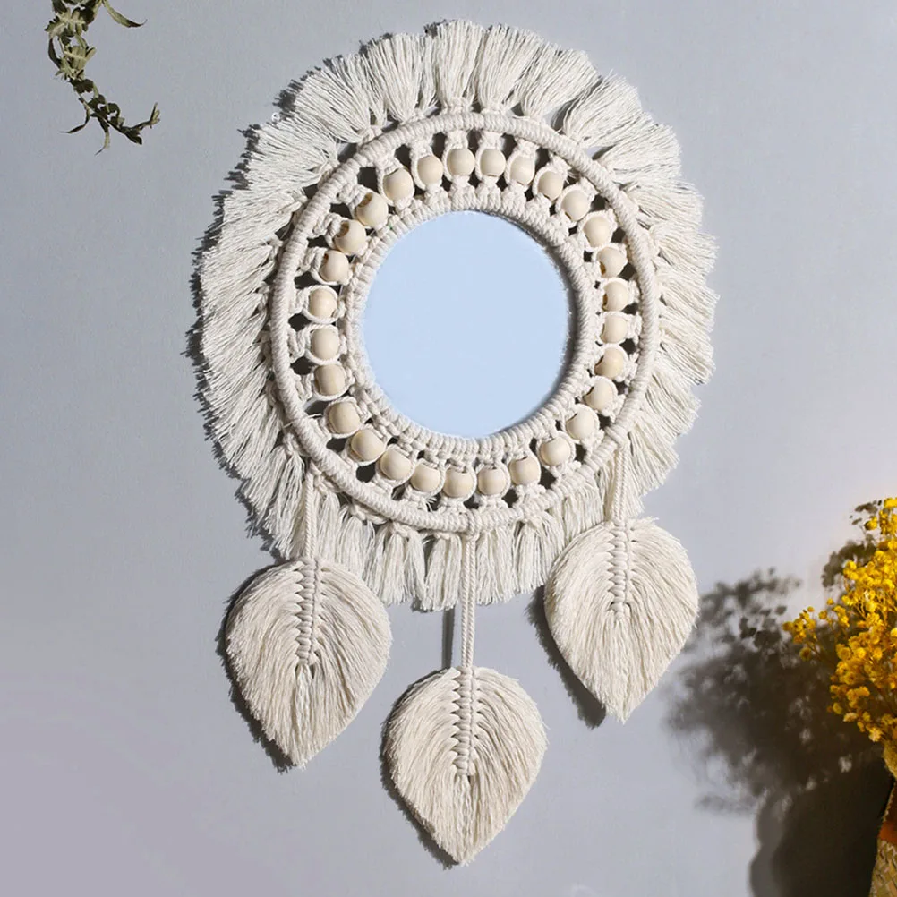 

Macrame Wall Hanging Mirror Bohemian Decor Home Cotton Rope Woven Vintage Tapestry Art Round Beige Weaving Wood Beads Mirror