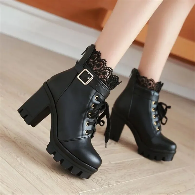 Winter New Pattern High-heeled Coarse Heel Shoes Boots Frenulum Waterproof Thick Bottom Large Code White Women Boots 34-43