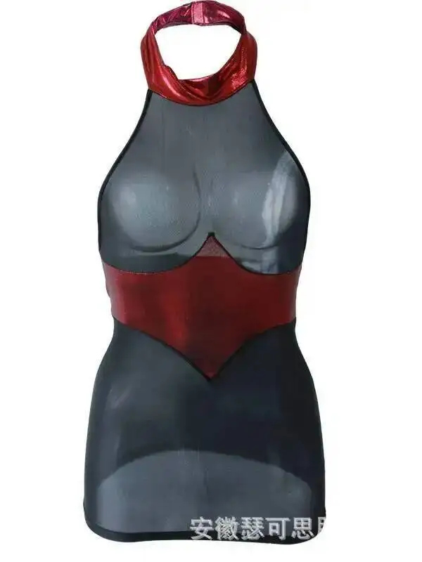 โปร่งใสเซ็กซี่สีดำและสีแดงการเย็บปะติดปะต่อกันทองเงาประดับไนท์คลับชุดเสื้อคลุมชุดหรูหราตาข่ายลูกไม้ซีทรูเซ็กซี่ HYT8