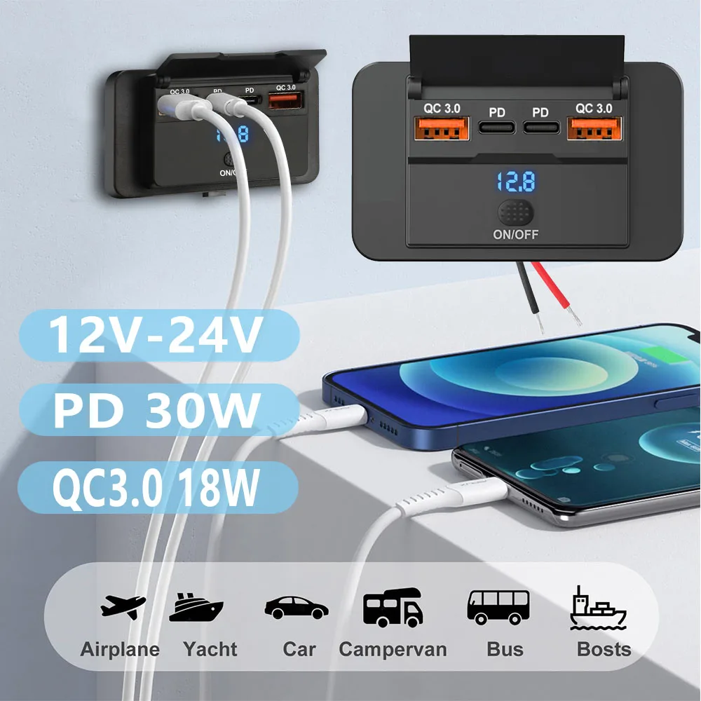 

12V USB Outlet Surface Mount Lightweight PD30W and QC 3.0 18W Ports Charger Socket Panel with Button Switch for RV Bus Marine