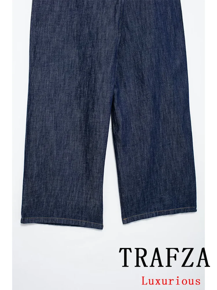 TRAFZA Vintage Casual Chic Women Denim Pants Solid Pockets Straight Loose Long Pants New Fashion 2024 Autumn Female Trousers