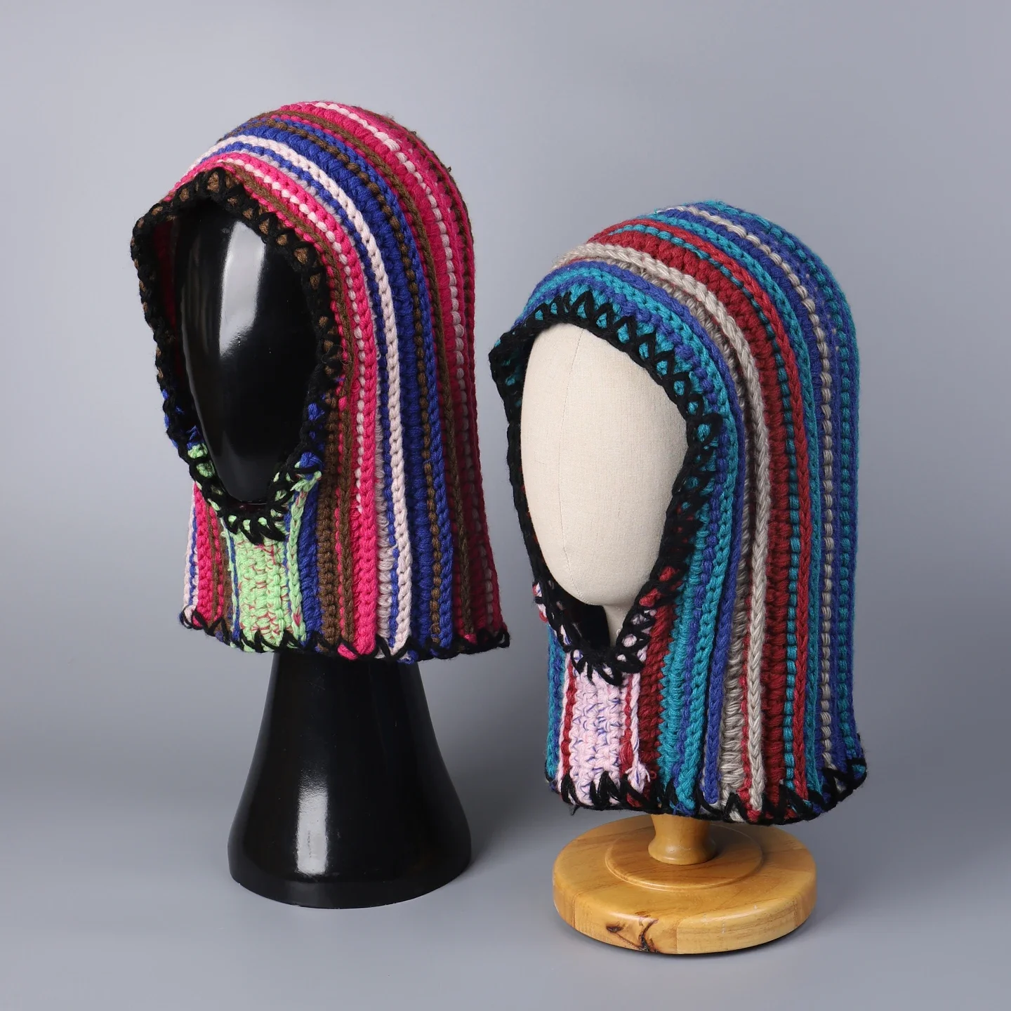 

Красочная вязаная вручную шерстяная балаклава в полоску с эффектом дофамина, утолщенная теплая женская шапка-балаклава для осени и зимы, вязаная шапка-бомбер