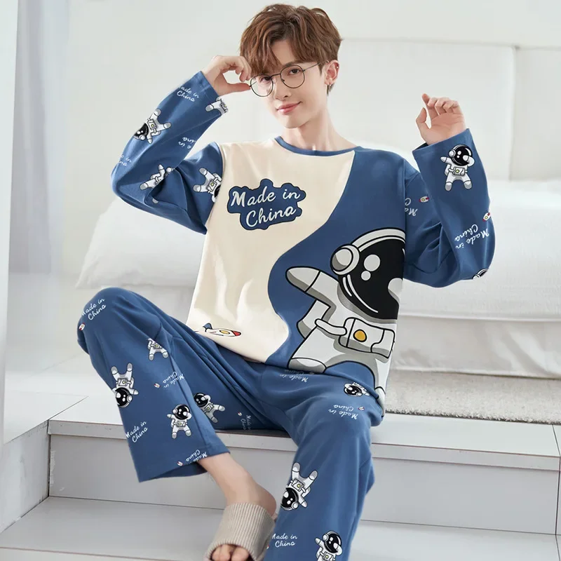 Plus Size Men's Pajamas Fall and Winter Long-Sleeved Youthleisure Letters Astronaut Blue O-Neck Soft Casual Sleepwear 2PCS/Set
