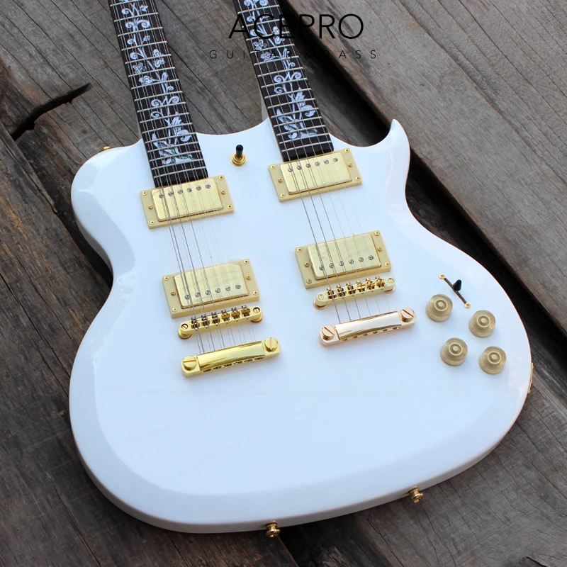 Acepro White Double Neck Electric Guitar, 6 String Guitarra+ 12 String Guitar Combo, Gold Hardware, Abalone Custom Stem Inlays