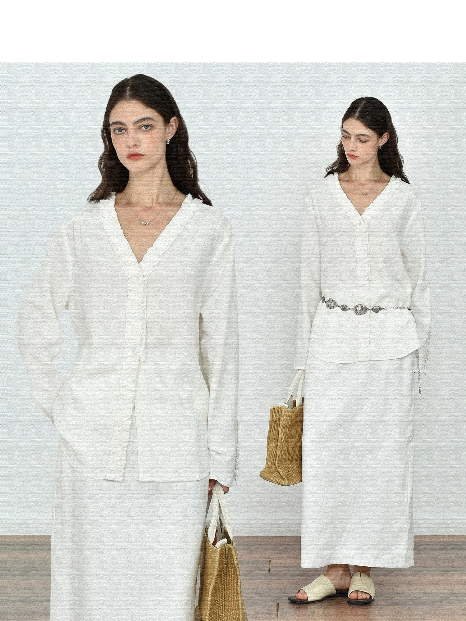 

Романтичная льняная рубашка из смесового лиоцелла, легкая, прозрачная, с V-образным вырезом, защита от солнца, свободный крой, длинный рукав, однотонная, на пуговицах