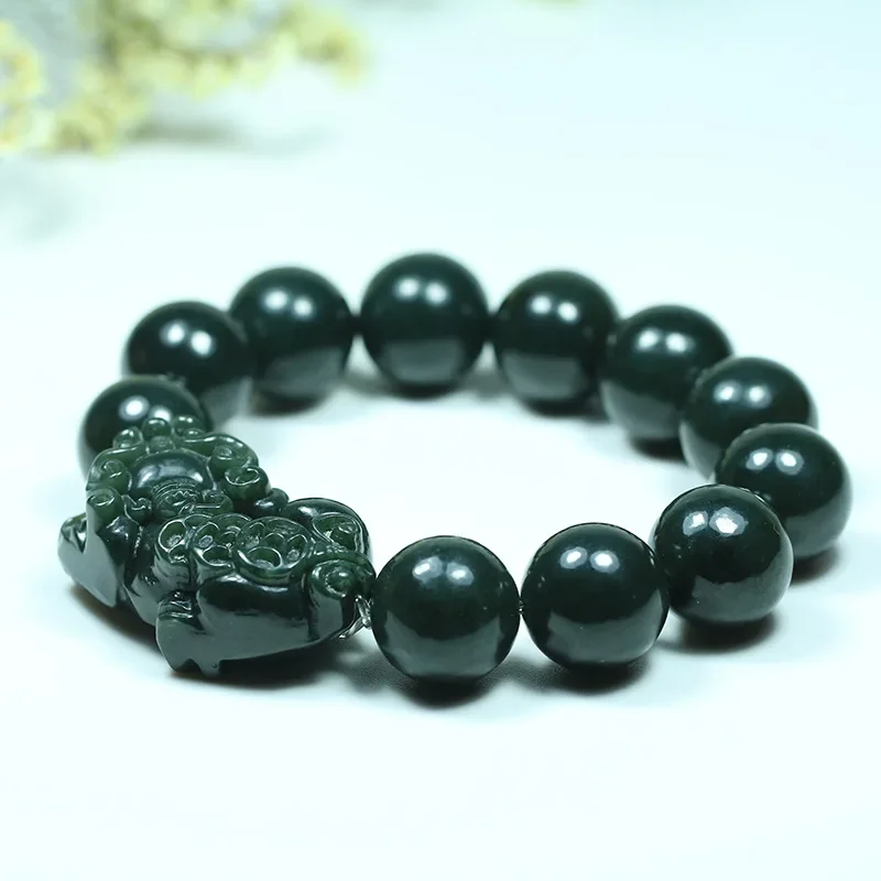 Cuentas de Jade Hetian Natural para hombre y mujer, pulsera elástica Pixiu de 16mm, accesorios de moda, amuleto tallado a mano, regalos