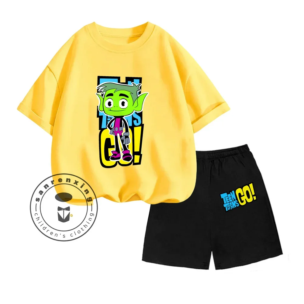 Summer Hit Animated Teen Titans Go! Beast Boy Character Print Design Soft Short Sleeves and Stretchy Shorts Children's Suit