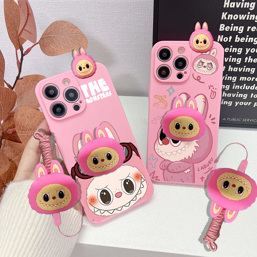 For OPPO A15 94 54 55 53 74 96 57 17 58 78 60 Realme C55 53 35 30 21Y 11 33 63 61 65 67 Pink labubu Case With Holder Rope