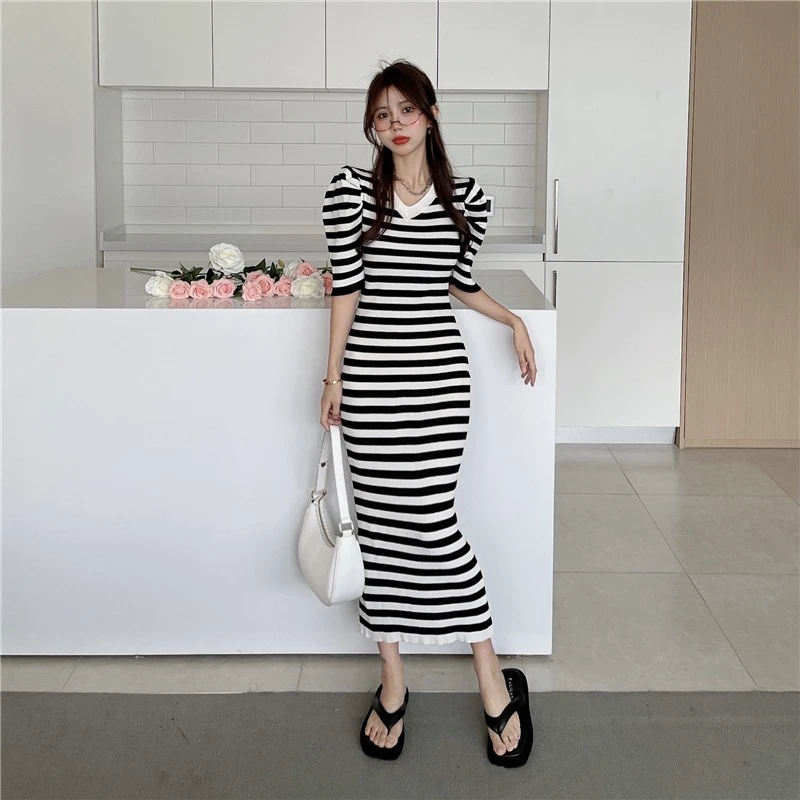 

Hot Sale Korean Summer V-Neck Puff Sleeve Knitted Dress Women Striped Sweater Dresses Elegant Vintage Work Bodycon Long Vestidos