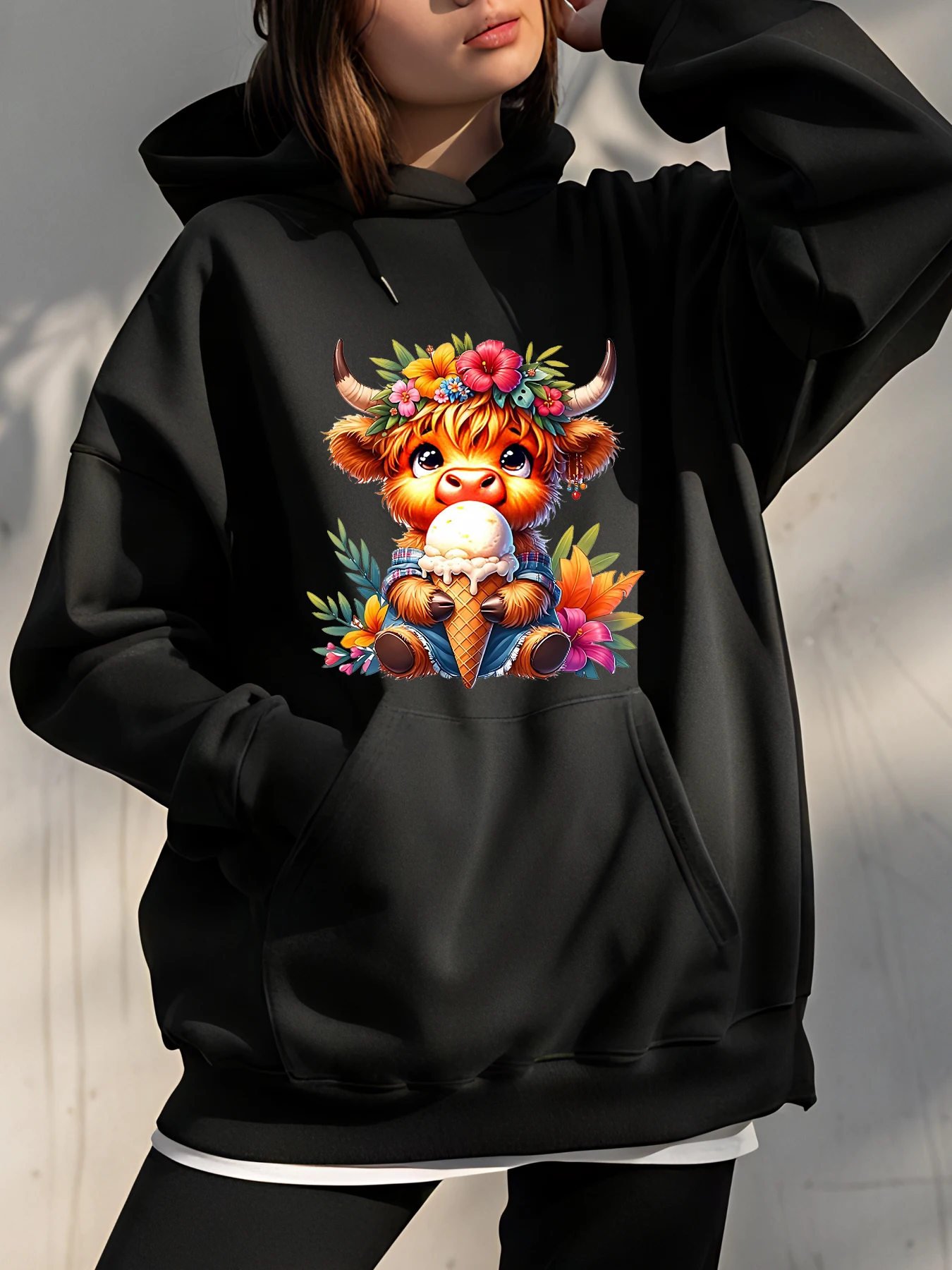 

Милая толстовка с принтом коровы и цветочным дизайном, повседневная толстовка унисекс для женщин и мужчин, уличная модная одежда