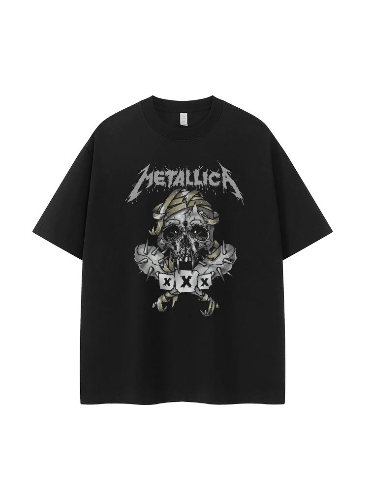 Retro American Street Design Metal Band Dark Skull Head Vintage Rock Short Sleeve T-Shirt Breathable Cotton Casual Style