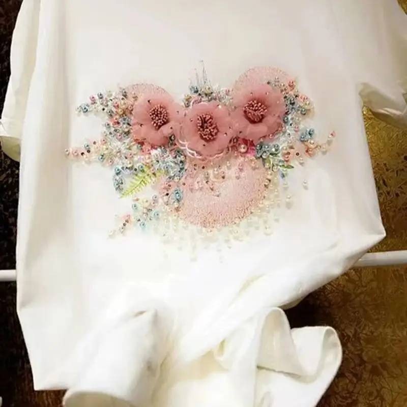 Luxury Pearls Beads Embroidery T Shirts For 2024 Summer Tee Tops High Quality Cotton Short Sleeve White Tshirt  Woman Clothing