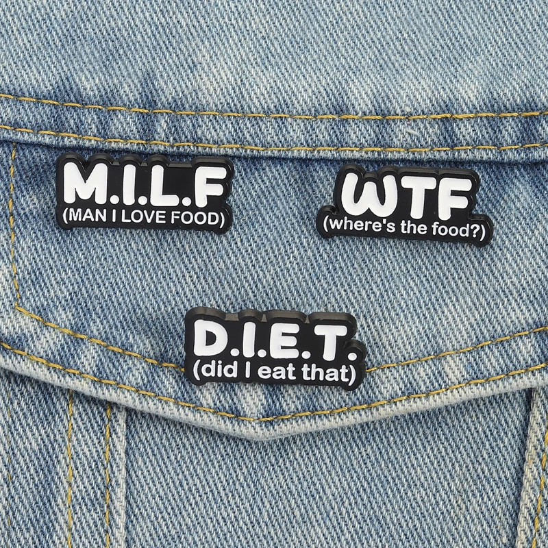 Milf Diet Wtf Enamel Pins Bat Funny Abbreviation Brooches Lapel Badges Punk Cool Jewelry Gift for Family Friends