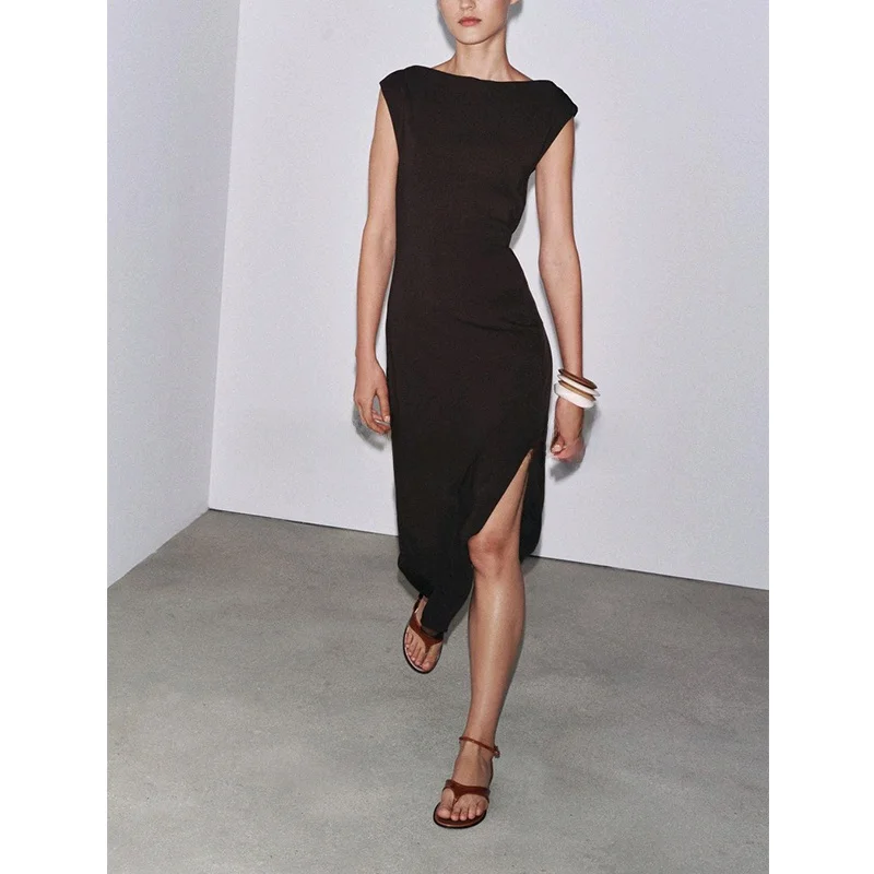 여름 새 여성 긴 원피스 드레스 드레이프 숄더 디자인 레이온 블렌드 슬림핏 보트 넥 민소매 3332376