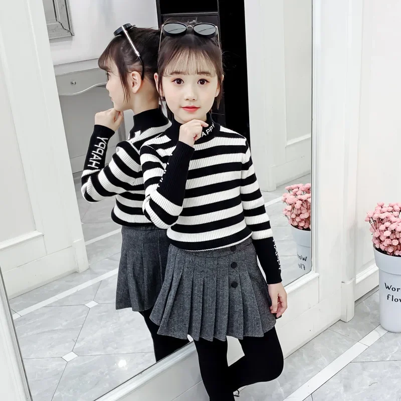 

2024 Korean Spring Autumn Children Girl Long Sleeved Sweater Base Shirt Elementary Girl Casual Pullover Sweater Knitted Top