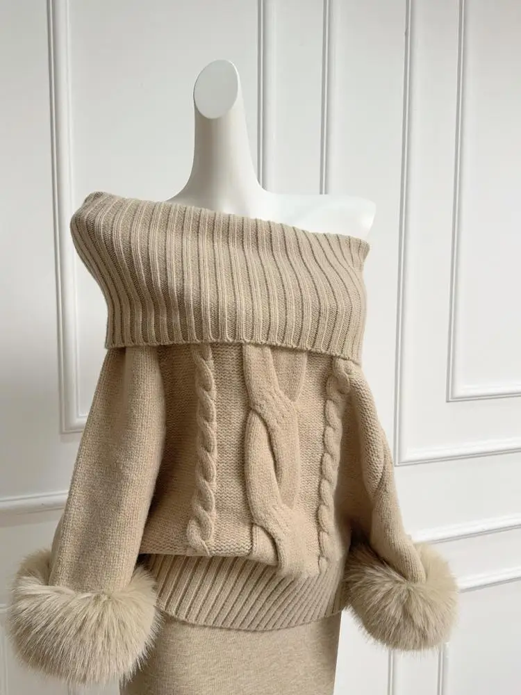 

Korean White Sexy Off Shoulder Pullover Sweater Women Brown Temperment Knitwear Long Sleeve Tops Autumn Winter Fashion Clothing