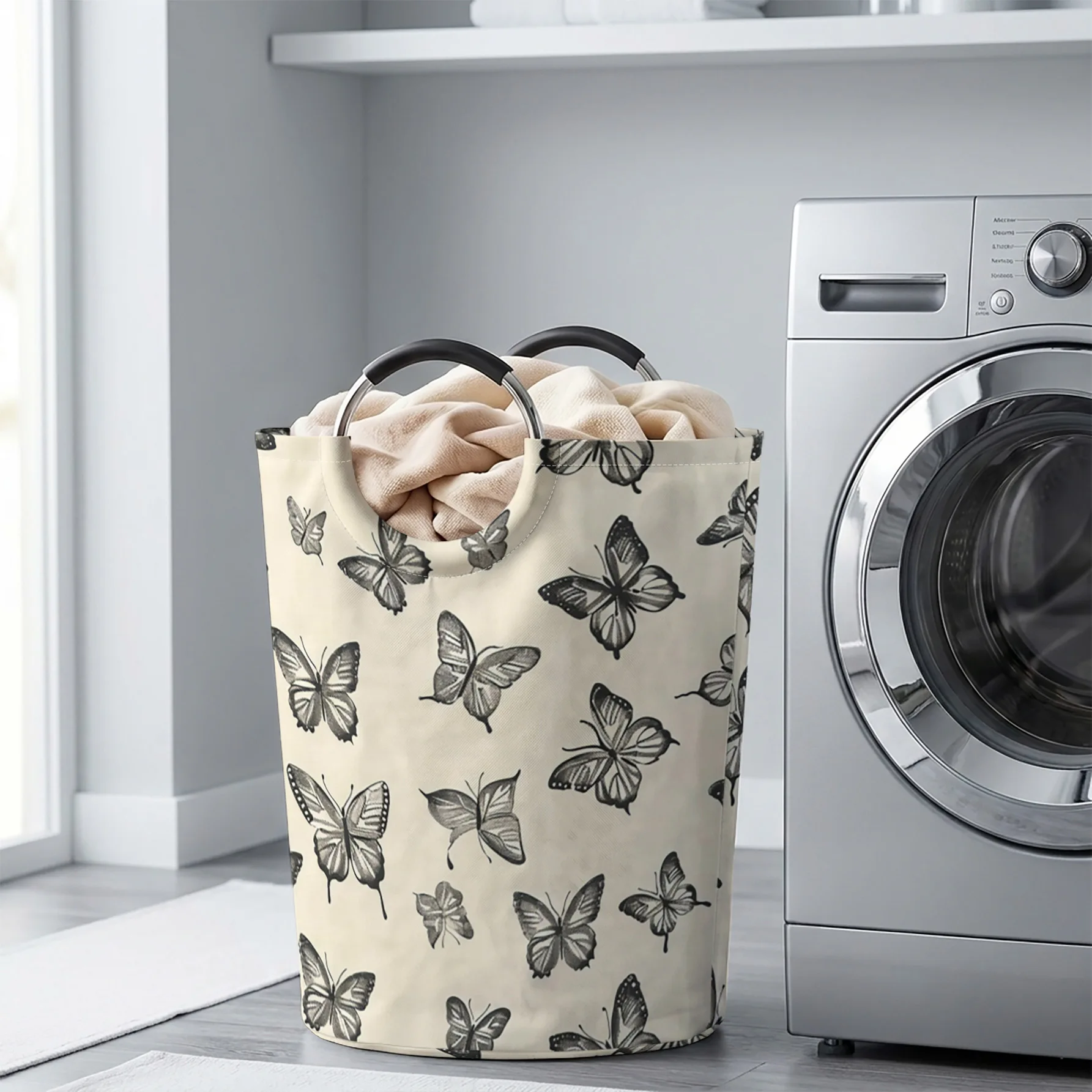 Sketch Black White Butterflies All‑Over Print Handheld Storage Basket, For Laundry, Bedroom & Home Sundries Storage