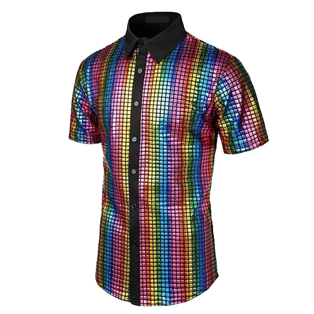 7 Stück Herren 70er Jahre Disco Kostüm 70er Jahre Hippie Kostüm einschl ießlich Pailletten Kurzarm glänzende Hemden Gold Halskette funky Sonnenbrille