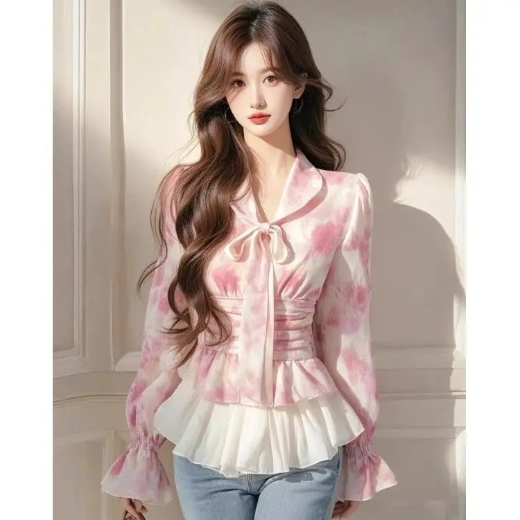 Pink Gradient Splicing Design Shirt Women's Spring Autumn Long Sleeve Waist Cinched  Knot Unique Attractive Top
