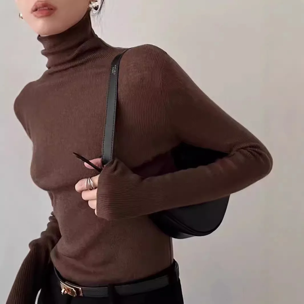 Французская камвольная водолазка, шерстяная трикотажная нижняя рубашка для женщин с высококачественным ощущением и облегающим свитером