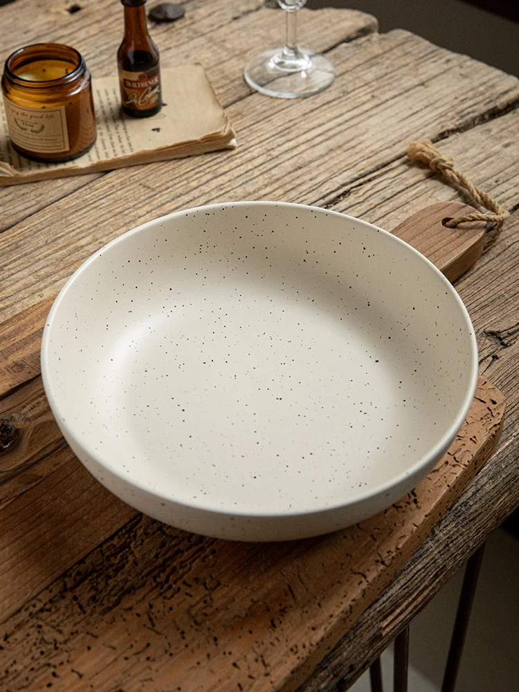 

Ins Style 8.5 Inch Salad Bowl Thickened Ceramic Dish Sesame Glaze Durable Dinner Plate