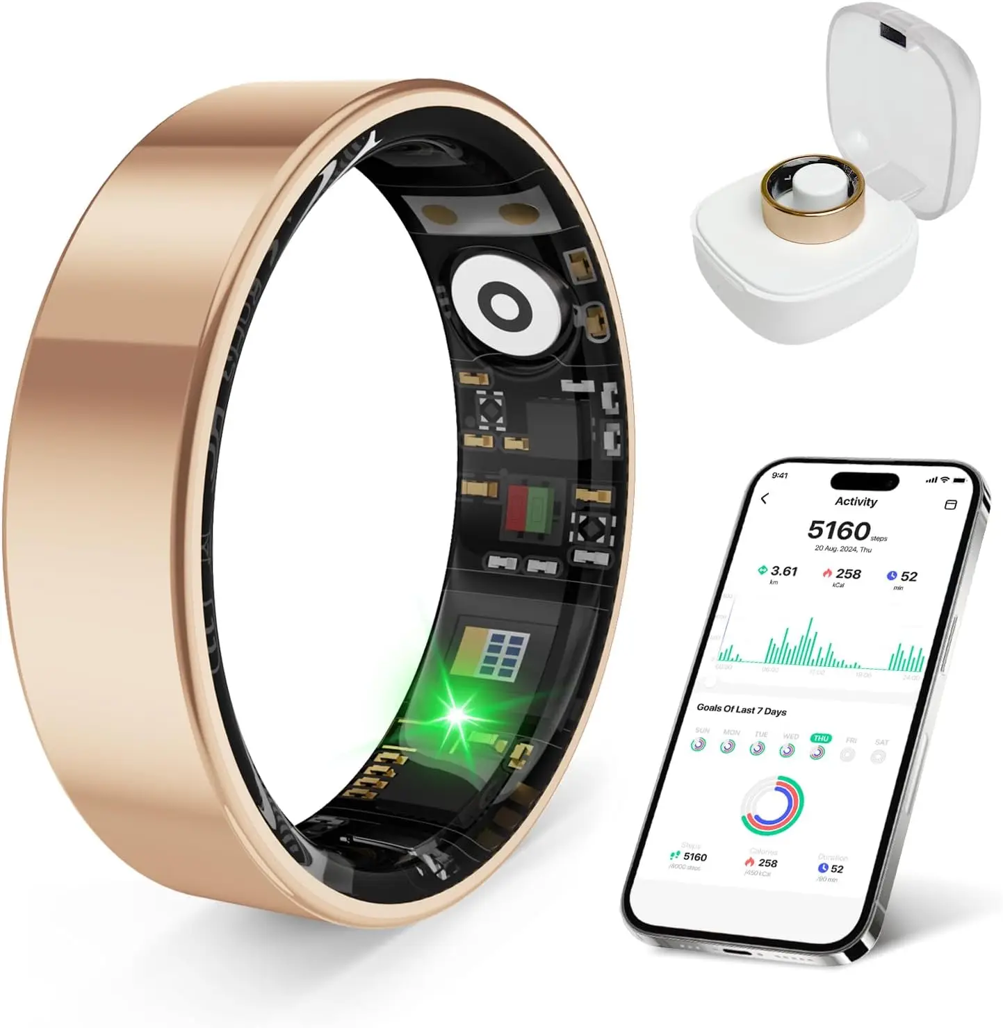 Smart Health Ring with Stress & Sleep Monitor, Waterproof Fitness Tracker for iOS/Android, No Subscription Fee (Rose Gold)
