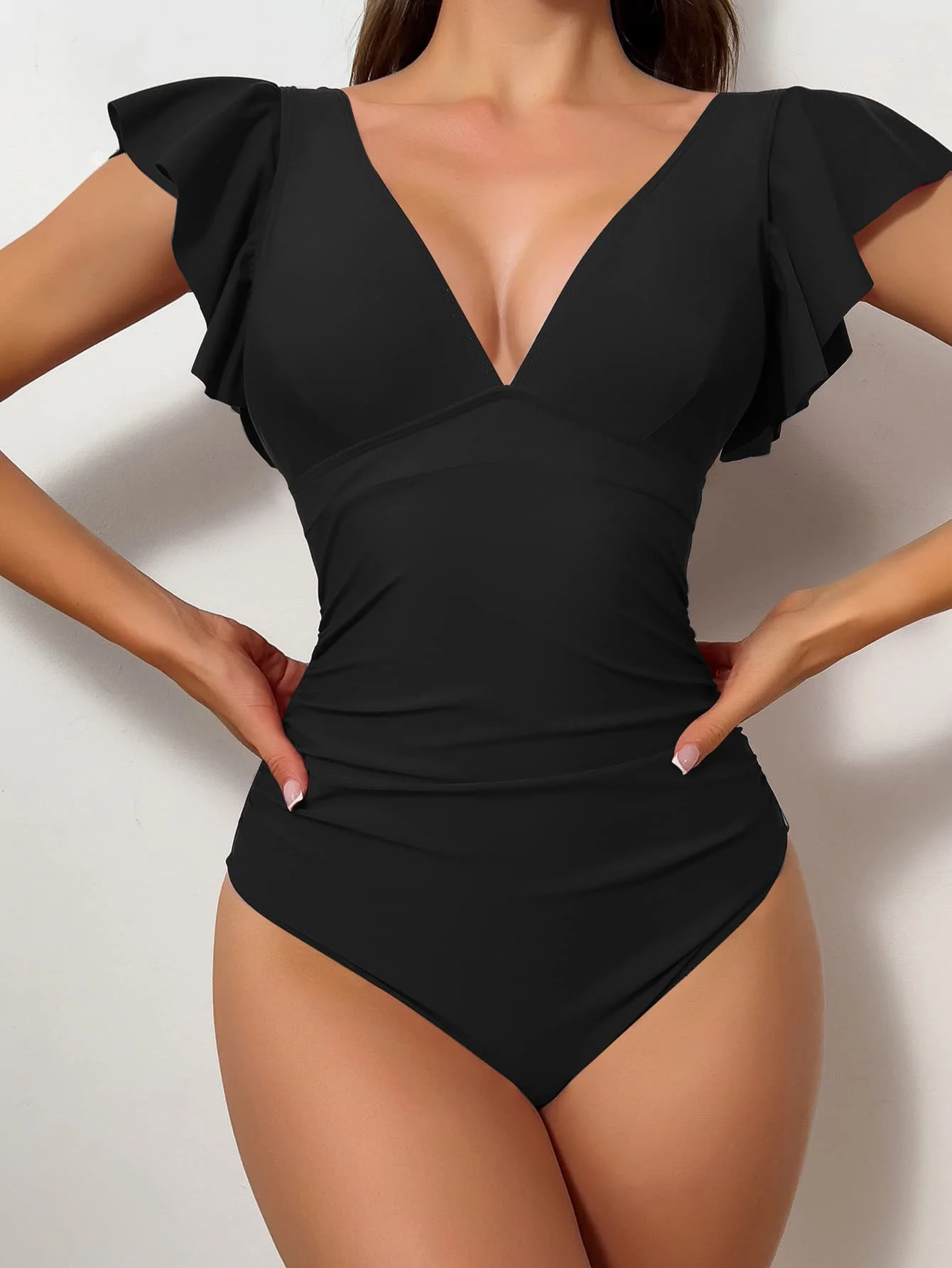 2025 Nuovo costume da bagno intero sexy con volant solido Costumi da bagno Costume da bagno con controllo della pancia Costume da bagno monokini da spiaggia