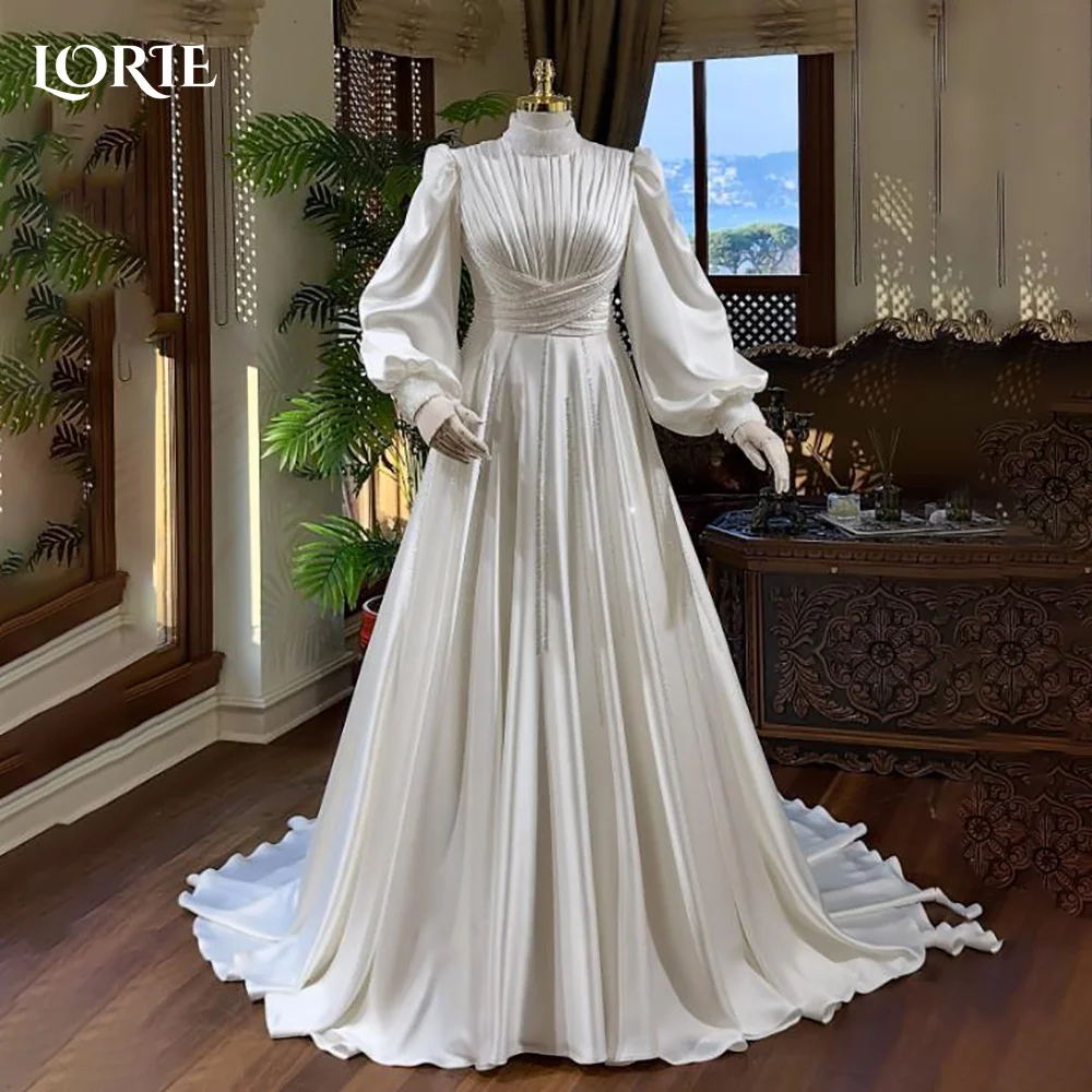 LORIE High Collar A-Line Muslim Wedding Dress Long Sleeve Corset Bridal Gown Customized Backless Bride DressSaudi Dress Dubai