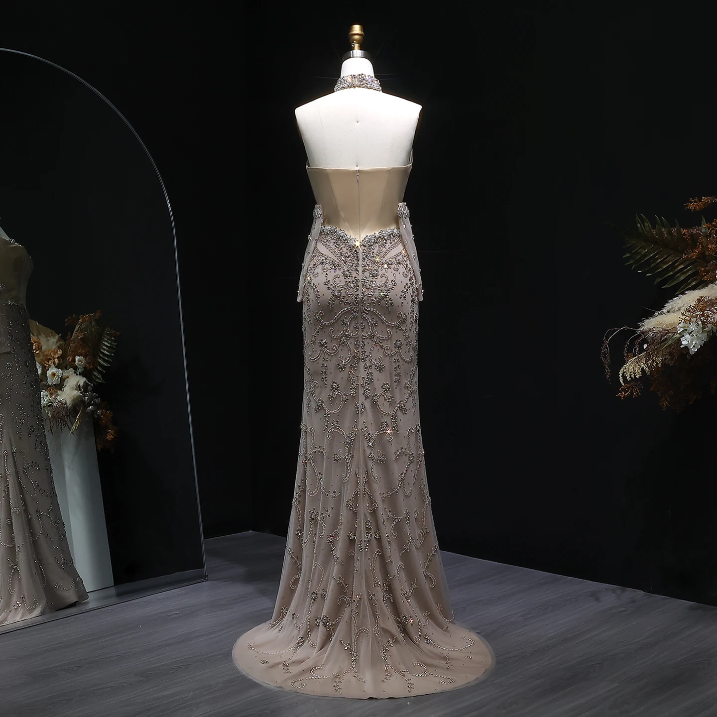 Sharon Said Luxuriöses Dubai Champagner Meerjungfrauen-Abendkleid mit Choker und Handschuhen für Damen Hochzeitsfeier-Kleid SS069 Maßanfertigung – Detail 11