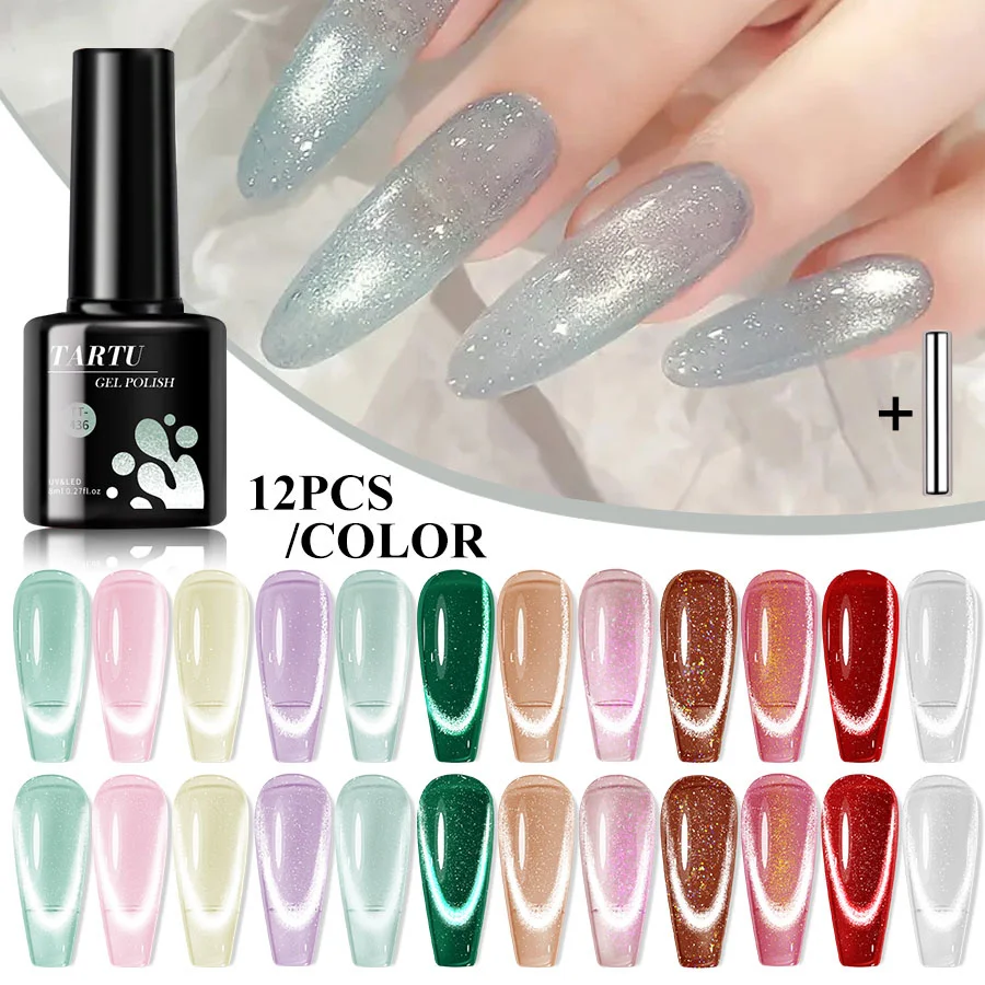 TARTU 12pcs 8ml Cat Eye Nude Pink Red Blue Green Brown Black Nail Gel Set, 12 Colors Semi-permanent Gel Polish Kit,top coat