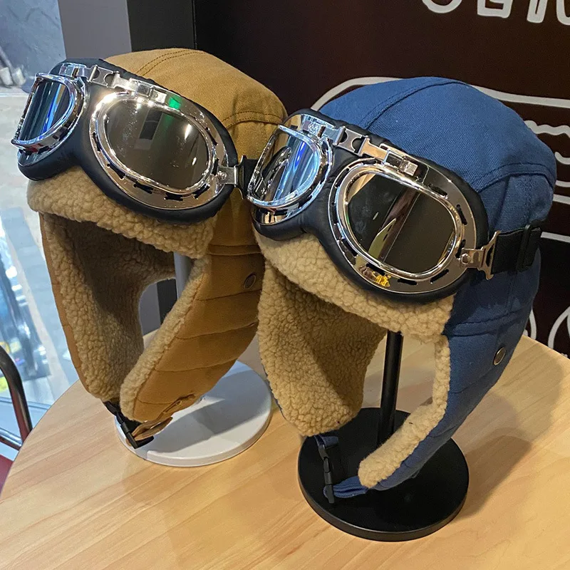 Outdoor mountaineering with plush and thick ski pilot hat, motorcycle hat with bold design and leather label ear protection