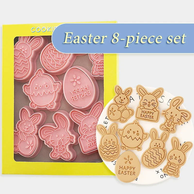 New 8Pcs/set Easter Plastic Cookie Cutter Rabbit Egg Biscuit Cutter 3D Cartoon Dinosaur Bear Molds Baking Tools Party DIY Decora