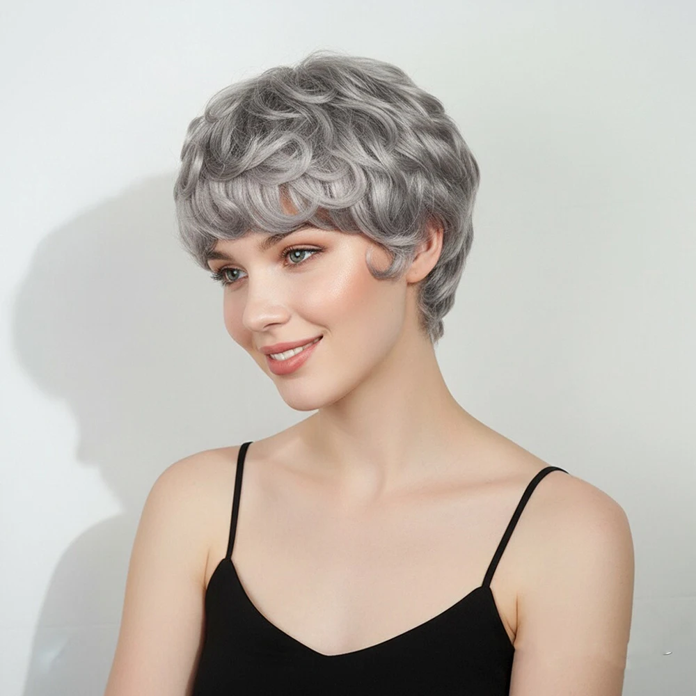 فضي رمادي البيض مجعد الباروكات قصيرة عابث قطع شعر مستعار مع الانفجارات قبل قطعها للنساء الشعر البرازيلي آلة صنع قبعة 100% الشعر البشري