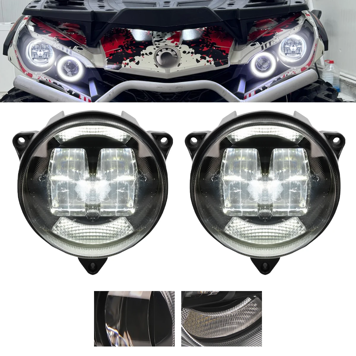 LED Headlights Pair with Low Beam Halo Ring DRL for Can-Am Outlander 500 650 800 850 1000 XMR STD XT XT-P 2012-2022 Off-Road Veh