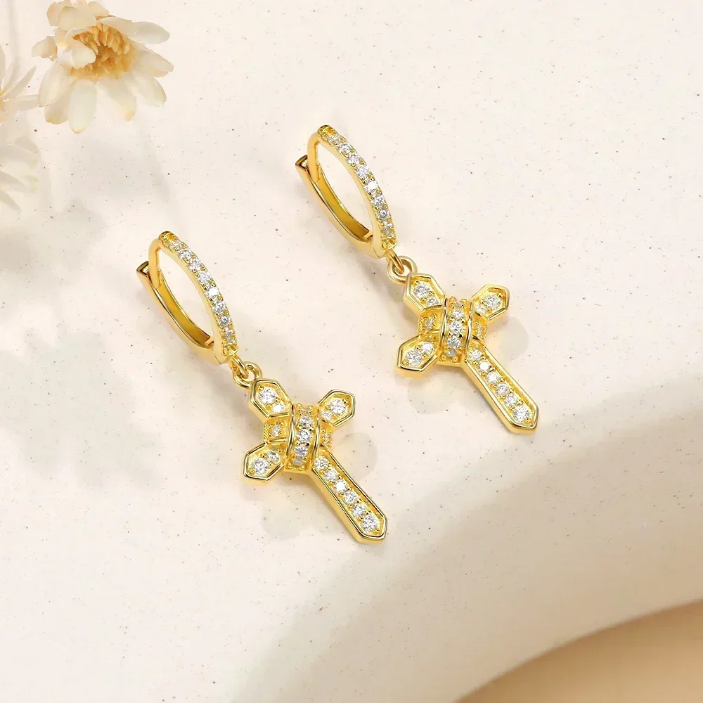 

Женские серьги-подвески с крестом из муассанита Pretty Beauty, позолоченные 18 К, серьги-кольца из стерлингового серебра 925 пробы с бриллиантами, ювелирные изделия