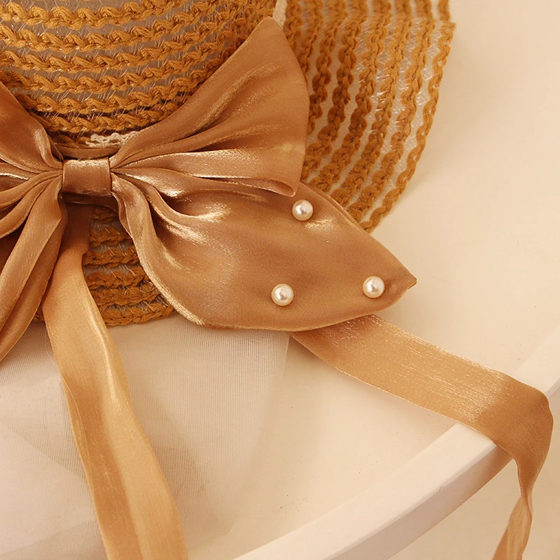 قبعة شمس من القش مع عقدة فراشية للفتيات ، قبعة شاطئ قابلة للطي ، قبعات مرنة للأطفال ، حافة واسعة ، الصيف