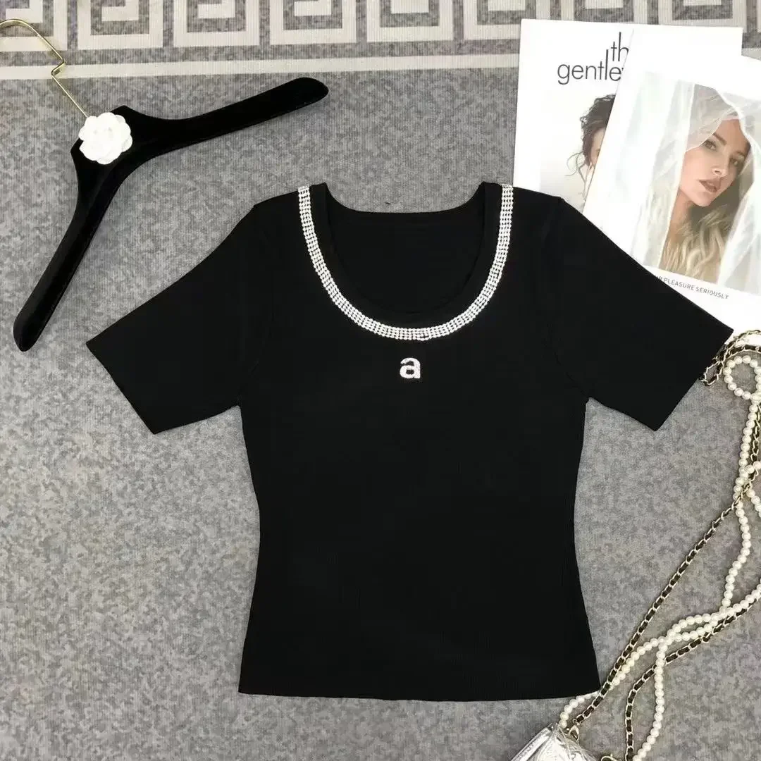 Gotoola 2023 Summer Letter Wang Heavy Industry round Neck Diamond Knitted Ice Silk round Neck Short Sleeve Slim Short  T-shirt