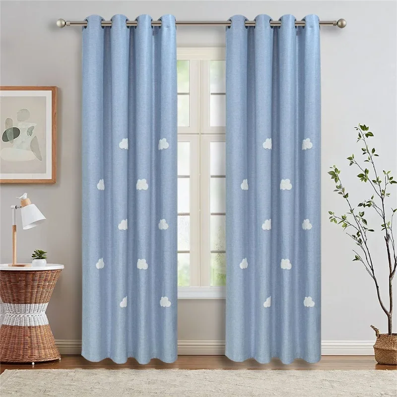 Kid's Cute Cartoon Clouds Curtains for Living Room Blue Semi-Blackout White Cloudy BOYS AND GIRLS Blue Simple Modern Custom