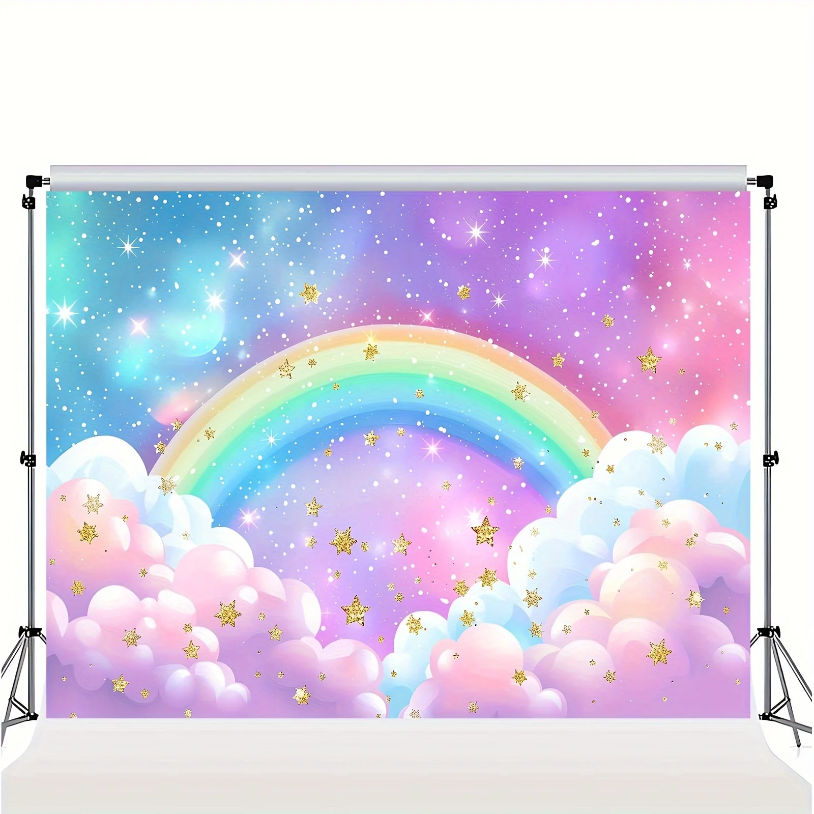 Polyester rainbow sky clouds twinkling stars Golden dot photography background Birthday