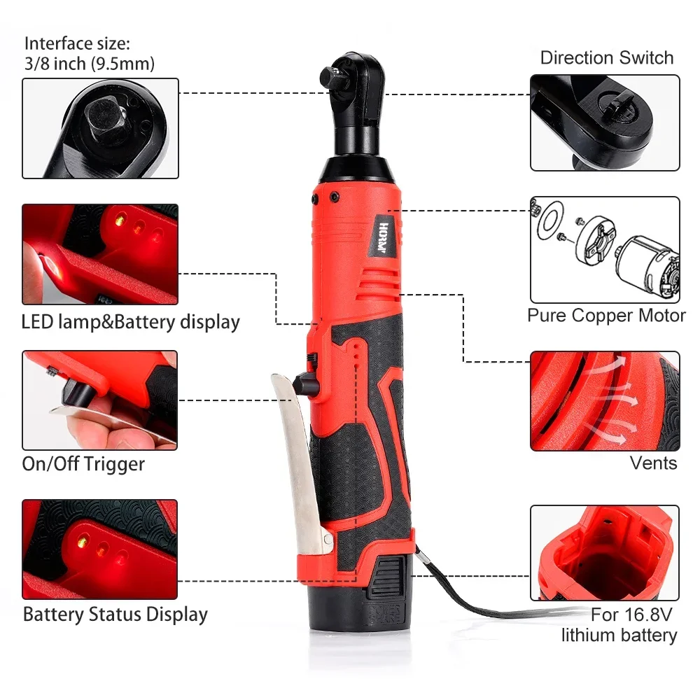 18V Cordless Electric Impact Wrench 65N.m 3/8\'\' Right Angle Ratchet Wrench Drill Screwdriver with Lithium-Ion Battery Power Tool