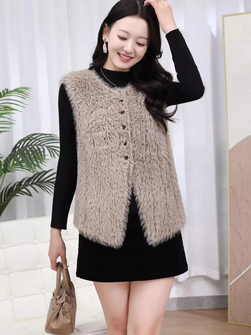 

2025 Spring And Autumn Winter New Mink Fur Round Neck Vest Temperament Loose Fashionable Faux Fur Waistcoat Jacket w150