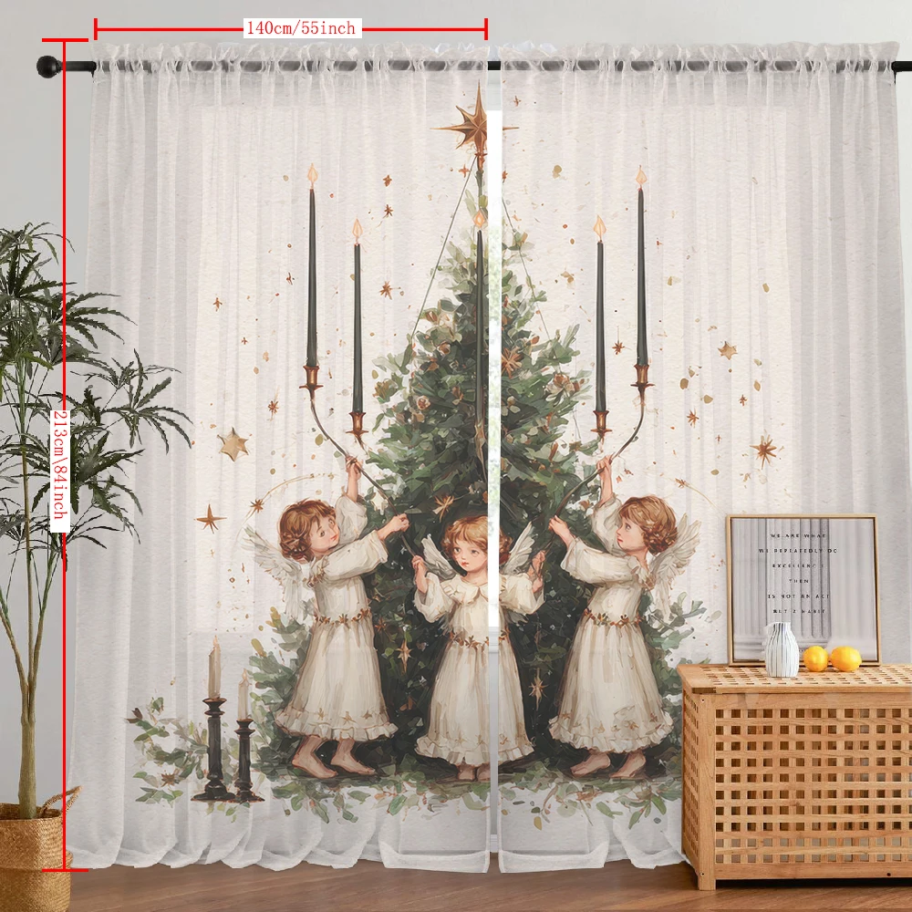 2Pcs Girls' Candles And Christmas Tree Print Home Decoration Window Screens Suitable For Coffee Shops, Restaurants, Bedrooms