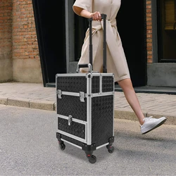 Rolling Makeup Train Case with Drawers&4 Wheel,Professional Aluminum Portable Beauty/Nail Art/Hair Styling Travelling Cart Trunk