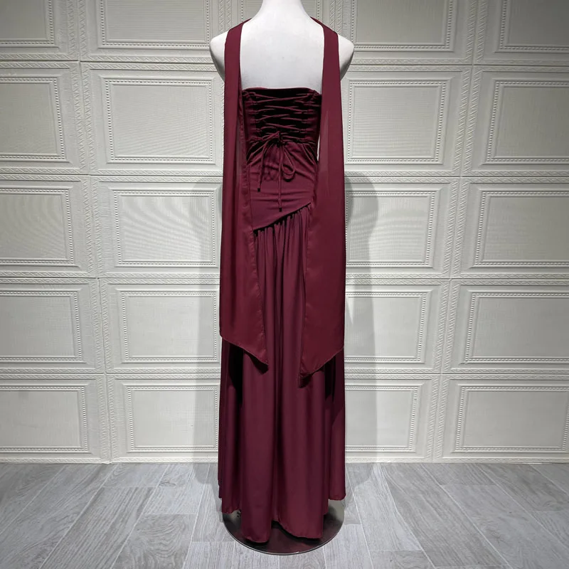 Women Long Dress Elegant Strapless Scarf Neck Pleat Dress Sexy Slim Backless Summer Waist Pleated Slit Party Ribbon Corset Dress