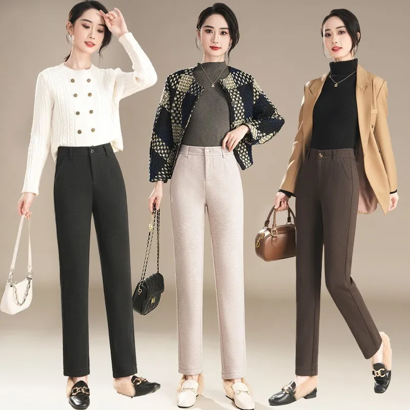 

Fleece-Lined Thickened Baguette Pants for Women, and Winter Woolen High-Waisted Elegant Petite Slimming Straight-Leg Ciga