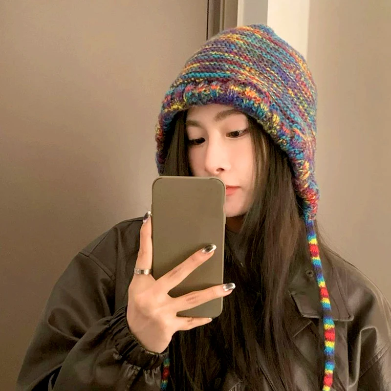 Women Gradient Color Beanie Hats Korean Rainbow Knitted Hat Autumn Winter Trend Lace-up Thermal Ear Protector Head Skull Cap