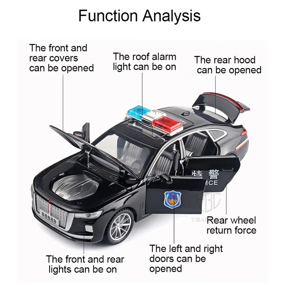 1/32 odlewane zabawka ze stopu HongQi Model radiowóz 6 drzwi otwiera światło dźwiękowe, pojazd z wagonem patrolowym, który zbiera prezenty dla dzieci