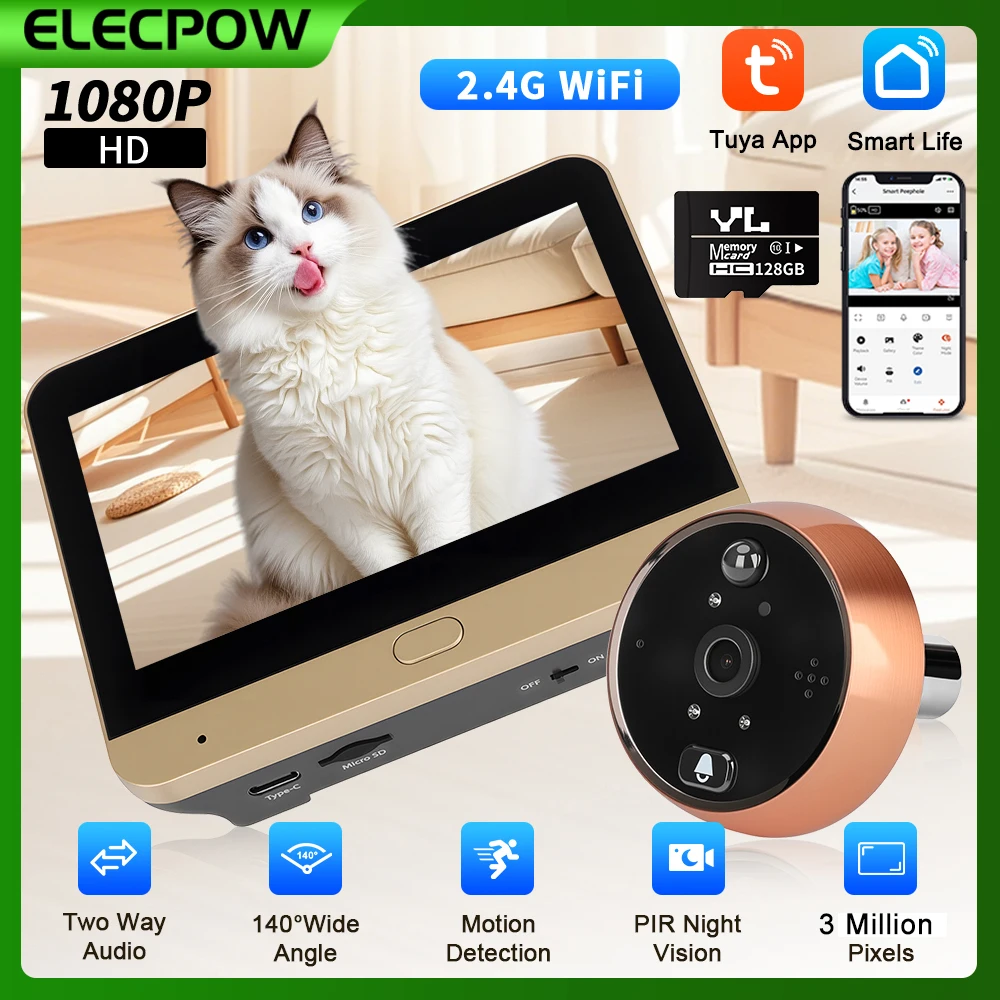 

Elecpow Tuya Wi-Fi глазок видео дверной звонок камера 1080P PIR ночное видение обнаружение движения цифровая дверная камера видеоглазок Wi-Fi