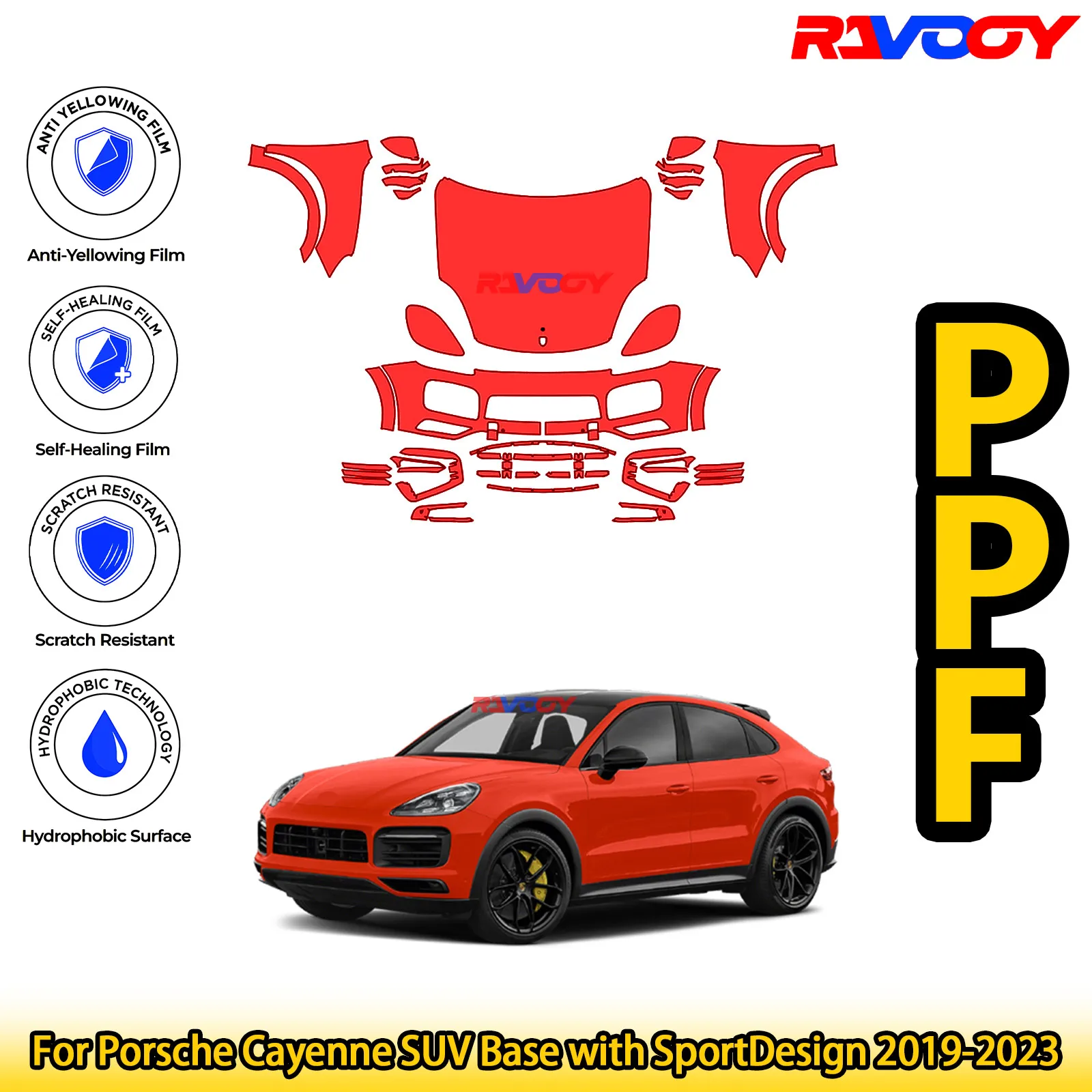 

База для внедорожника Porsche Cayenne с SportDesign 2019-2023, глянцевая матовая черная предварительно вырезанная передняя пленка PPF, комплект защиты от краски