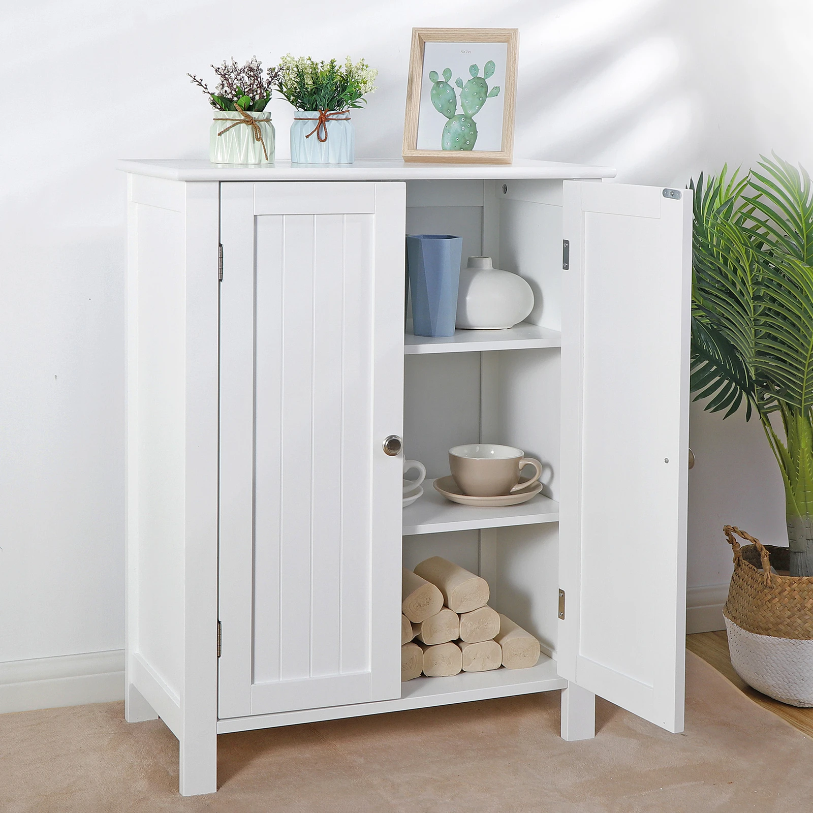 

Bathroom Cabinet Floor Storage with Adjustable Shelves Freestanding White Modern Bathroom Organizer Large Capacity Storage